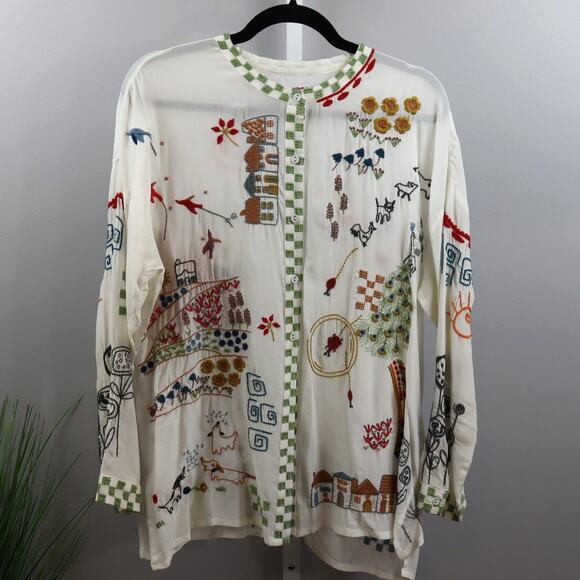 Biya by Johnny Was Embroidered Silk Blouse Ivory Multicolor Sz S - Picture 1 of 4